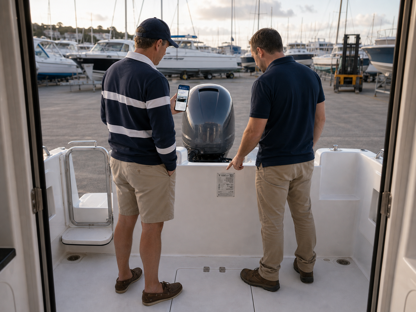 A prospective buyer checking the vessel record on a phone while viewing the Builders Plate